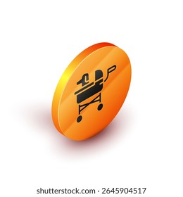 Isometric Pet stroller icon isolated on white background. Orange circle button. Vector