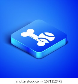 Isometric Pet toys bone rubber and ball icon isolated on blue background. Blue square button. Vector Illustration