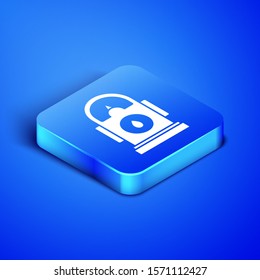 Isometric Petrol or Gas station icon isolated on blue background. Car fuel symbol. Gasoline pump. Blue square button. Vector Illustration