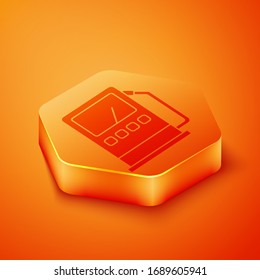 Isometric Petrol or gas station icon isolated on orange background. Car fuel symbol. Gasoline pump. Orange hexagon button. Vector Illustration