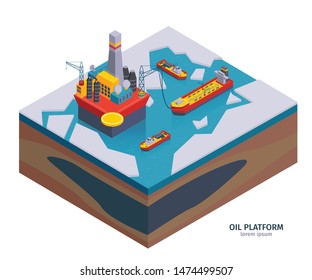 Isometric petroleum industry composition with editable text and images of oil extracting platform on the ice vector illustration