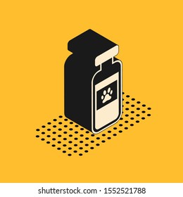 Isometric Pets vial medical icon isolated on yellow background. Prescription medicine for animal.  Vector Illustration