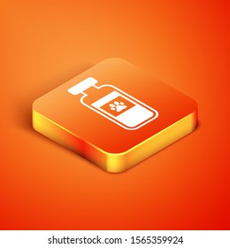 Isometric Pets vial medical icon isolated on orange background. Prescription medicine for animal.  Vector Illustration