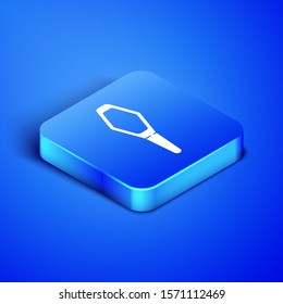 Isometric Pets vial medical icon isolated on blue background. Prescription medicine for animal. Blue square button. Vector Illustration