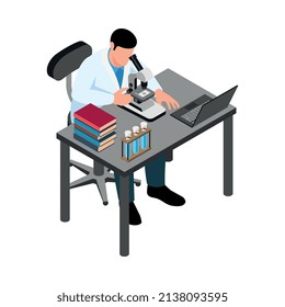 Isometric pharmaceutic laboratory research scientists composition with isolated character of scientist at working place vector illustration