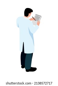 Isometric pharmaceutic laboratory research scientists composition with isolated character of scientist writing to notebook vector illustration