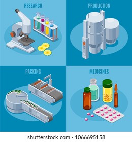 Isometric pharmaceutical industry square composition with microscope tubes production and packing equipment medical pills drugs medicines isolated vector illustration