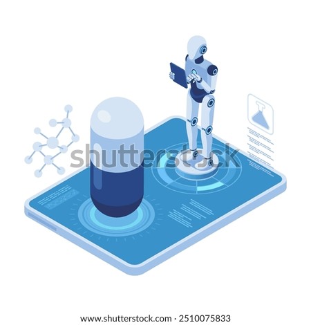 Isometric Pharmaceutical Research by AI Robot. AI-Powered Pharmaceutical Discovery and Development