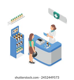 Isometric pharmacist and client. Patient buy medication in pharmacy. Healthcare marketing, influenza season and support health. Flawless vector scene