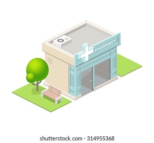 Isometric Pharmacy Building And Tree.