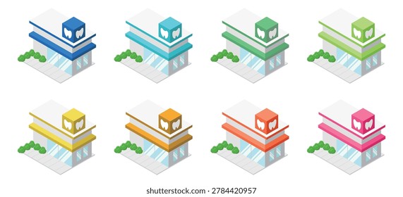 Isometric pharmacy building vector set in blue green and yellow color variations