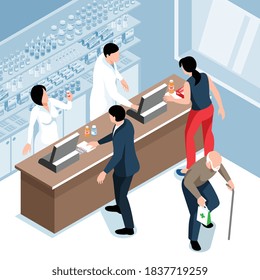 Composición isométrica de farmacia con visión interior de tienda de apothecary con farmacéuticos en el mostrador y compradores visitantes ilustración vectorial