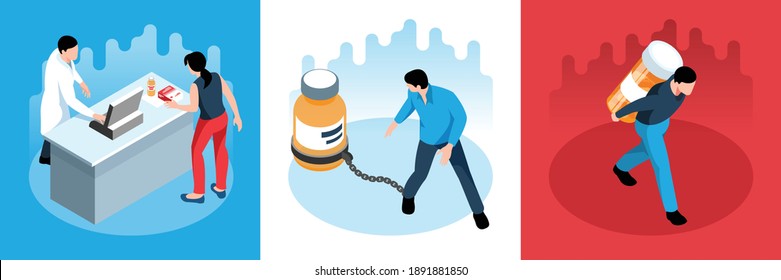 Isometric pharmacy design concept with square compositions of people carrying jars with pills and apothecary counter vector illustration