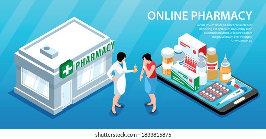 Isometric pharmacy horizontal background composition of editable text pharmacy building pharmaceutical drugs on smartphone and people vector illustration