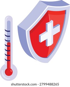Isometric Pharmacy Icon Featuring A Medical Shield And Thermometer Illustration