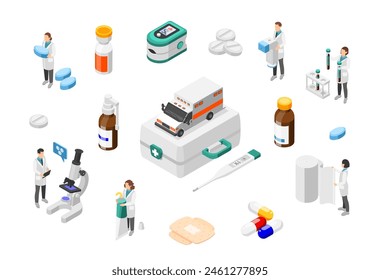 Isometric pharmacy industry. Medical characters with medications, first aid kit and ambulance. Laboratory and hospital elements, flawless vector set