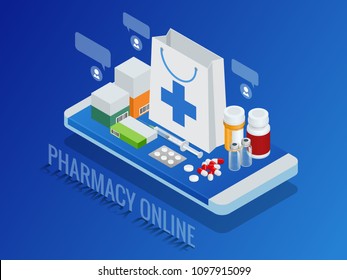 Isometric pharmacy online concept. Finger touch pay button on screen for medicine online payment via application. Pills on smartphone vector illustration