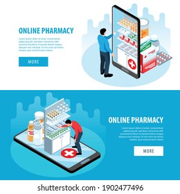 Isometric pharmacy set of horizontal banners with more buttons text and images of smartphones and meds vector illustration