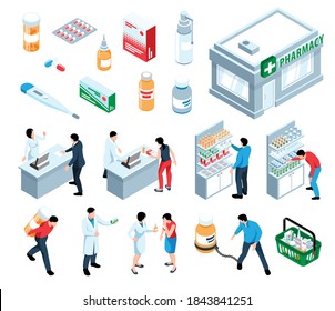 Isometric pharmacy set of isolated icons of drugs medical products and characters of pharmacists with clients vector illustration