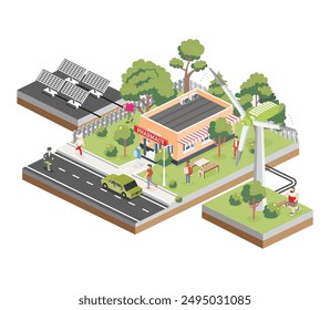 Isometric pharmacy store building with solar panels and wind turbine. Green eco friendly house. Infographic element. Vector illustration. Green trees. Exterior of pharmacy drugstore.