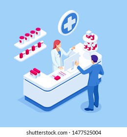 Isometric Pharmacy Store and Doctor pharmacist and patient. Woman pharmacist holding prescription checking medicine in the pharmacy. Health Care concept.