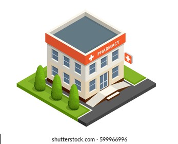 Isometric pharmacy store. Facade of pharmacy in the urban space, the sale of drugs and pills.  Template concept for the website, advertising and sales. 