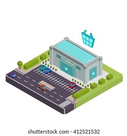 Isometric pharmacy vector illustration