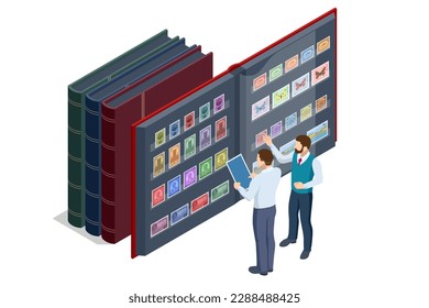 Isometric Philately and Marks Collection Concept. Old vintage collectible postage stamps albums and magnifying glass. Philately and stamp collection