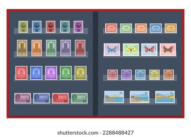 Isometric Philately and Marks Collection Concept. Old vintage collectible postage stamps albums and magnifying glass. Philately and stamp collection