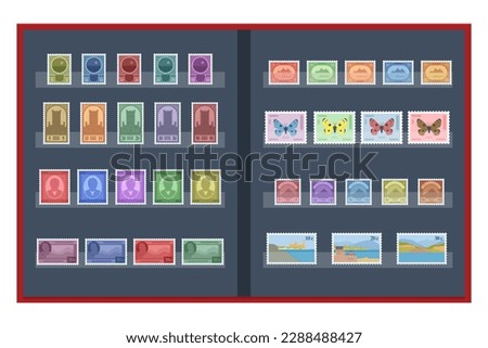 Isometric Philately and Marks Collection Concept. Old vintage collectible postage stamps albums and magnifying glass. Philately and stamp collection