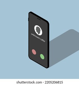 Isometric Phone. 3D Smartphone. Businessman. Phone Call. Incoming Call. A Call From An Unknown Subscriber. Unknown Caller. Contact Icon On The Screen. Blue Background.