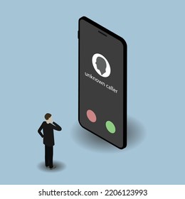 Isometric Phone. 3D Smartphone. Businessman. Phone Call. Incoming Call. A Call From An Unknown Subscriber. Unknown Caller. Contact Icon On The Screen. Blue Background.