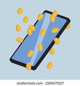 Isometric Phone. 3D Smartphone. Smartphone And Falling Coins. Colored Illustration On Blue Background