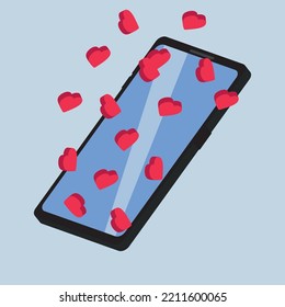 Isometric Phone. 3D Smartphone. Smartphone And Falling Hearts. Colored Illustration On Blue Background