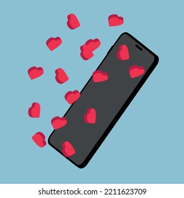 Isometric Phone. 3D Smartphone. Smartphone And Falling Hearts. Colored Illustration On Blue Background