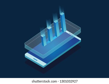 Isometric Phone Analysis data and growth, Business success, Financial progress, infographic elements. 3d isometric modern design. Vector illustration. - Vector