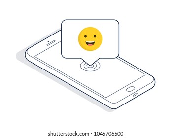 Isometric phone and banner with smile isolated on white background. Isometric line art. Vector