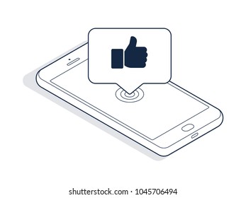 Isometric phone and banner with thumbs up isolated on white background. Isometric line art. Vector