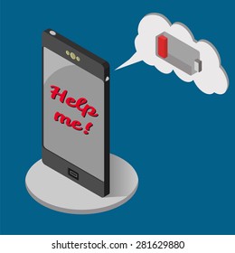 Isometric phone and battery indicator vector. Icon of battery in cloud and smartphone. The phone asks for help. Discharged phone and battery isolated on blue