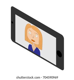 Isometric phone with blonde girl in screen. Vector illustration.