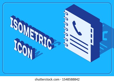 Isometric Phone book icon isolated on blue background. Address book. Telephone directory.  Vector Illustration