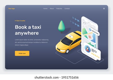 Isometric phone with car. Booking taxi by application.