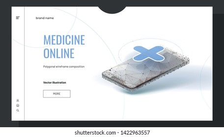 Isometric phone with a cross. Concept for online pharmacy or consultation. Polygonal wireframe composition. Abstract isolated on white background. Particles are connected in a geometric silhouette. 