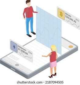 Teléfono isométrico con grafo criptodivisa sale flotante y dos personas, incluyendo tarjeta de información Eéreo flotante y Bitcoin