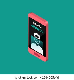 Isometric phone with face id icons on screen. 3D face scanning process icons. Facial recognition system signs. Facial detection and access security symbols. Vector illustration.