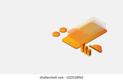Isometric phone, Flat design, Web banner, Currency, Digital mobile, 3d isometric vector illustration, Application develop, Business strategy and planning