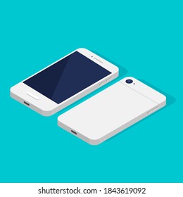 Isometric phone front and back side. Smartphone black blank display template or mock up. Smart technology. Vector illustration isolated on blue background.