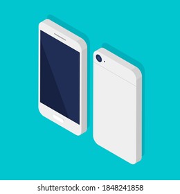 Isometric phone front and back side. Smartphone black blank display template or mock up. Smart technology. Vector illustration isolated on blue background.