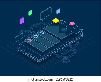 Isometric phone with gears, cogs and repair concept of line. Mobile services banner vector illustration.