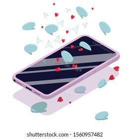 Isometric phone gets like notifications. Likes addiction, comments dependence, social media madness concept. Addicted to social media and online feedback. Internet approval and validation. Chat bubble